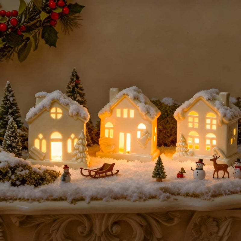 NEROSUN Ceramic Christmas Village Houses, 3Pcs LED Lighted Porcelain White Small House Tabletop Figurines, Light Up Christmas Decorations for Home Shelf Cabinet Table Winter Decor - Image 3